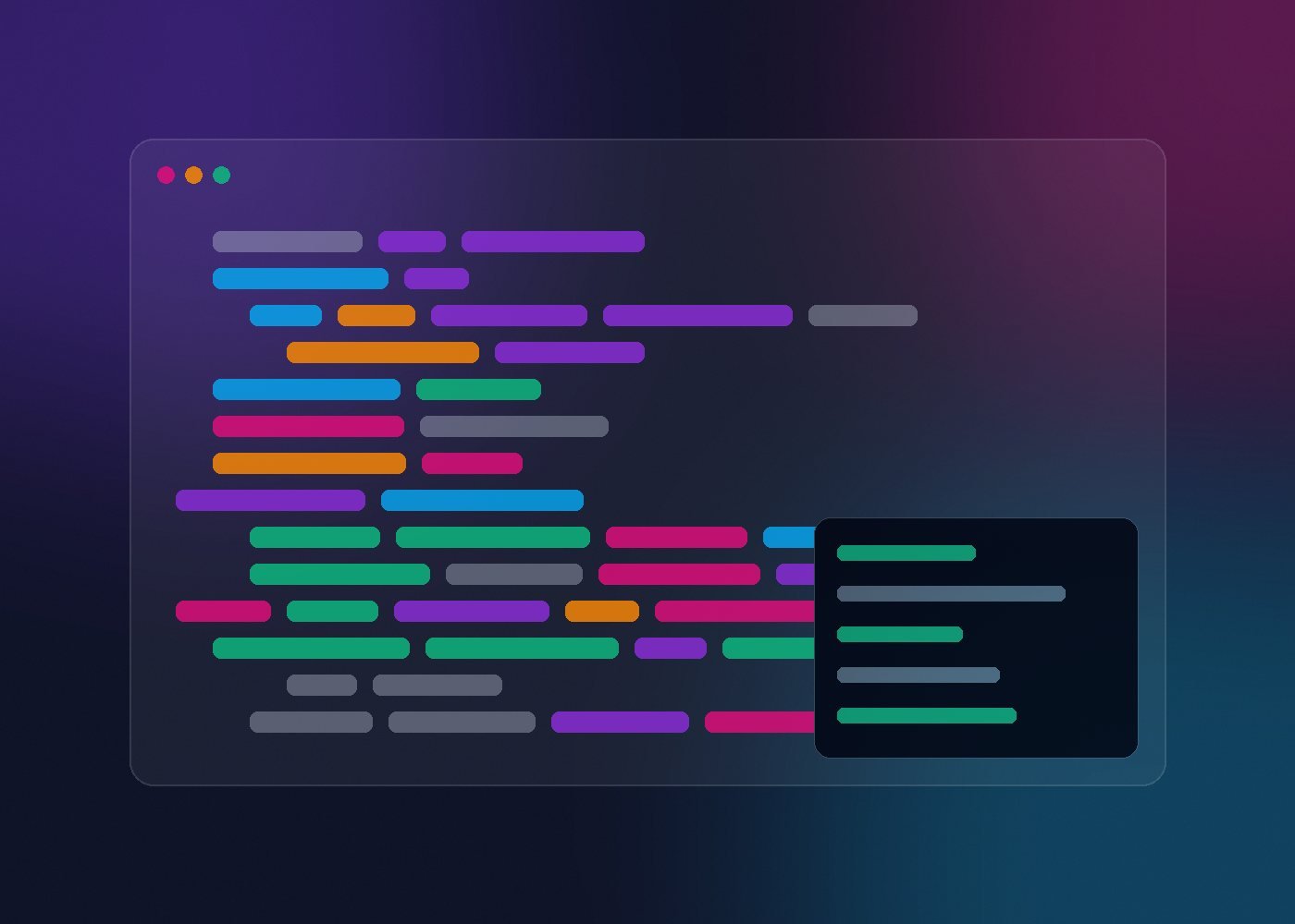 Dark glassy code editor illustration with colorful syntax and a terminal