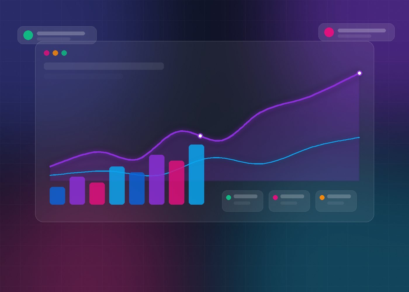 Dark analytics dashboard illustration with a glowing upward trend line and colorful bars