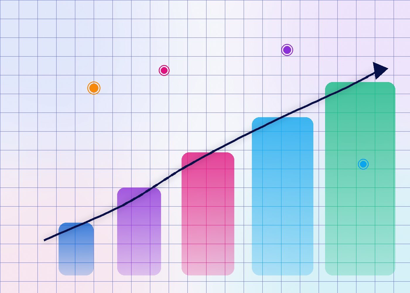 Colorful illustration of rising growth columns with an upward arrow
